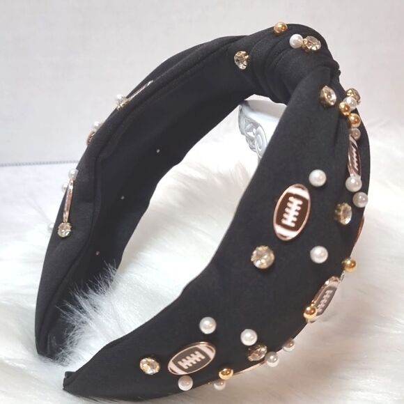 FOOTBALL SPIRIT WIDE BLACK JEWELED HEADBAND - Picture 3 of 9